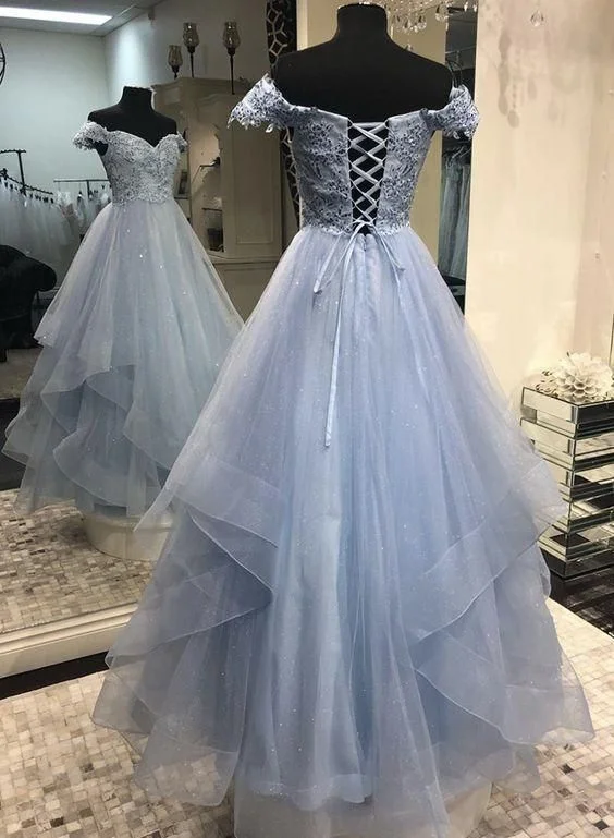 Blue tulle lace long prom dress, evening dress C1830
