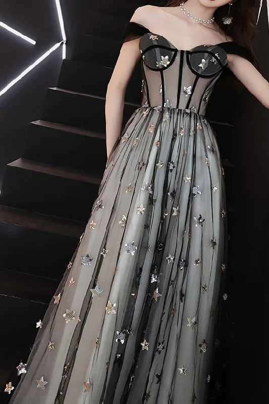 Gorgeous Off Shoulder A-Line Black Long Prom Dress with Stars   cg9240