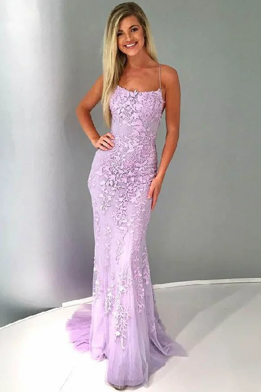 Sexy Mermaid Spaghetti Straps Lilac Tulle Lace Prom Evening Dresses with Appliques