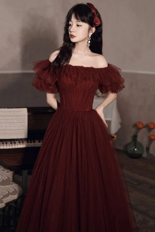 Burgundy tulle long A line prom dress evening dress C1561