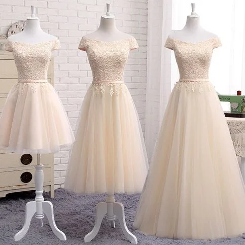 Elegant a line champagne lace off shoulder prom dress, lace evening dresses  cg9135