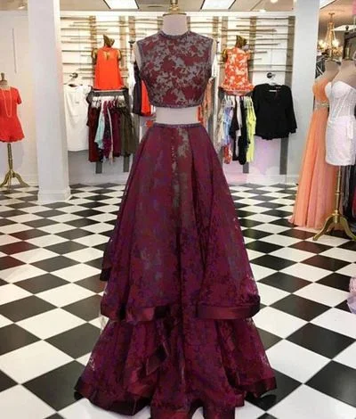 Deep red two pieces round neckline long prom dress, long lace customize evening dress  cg8858