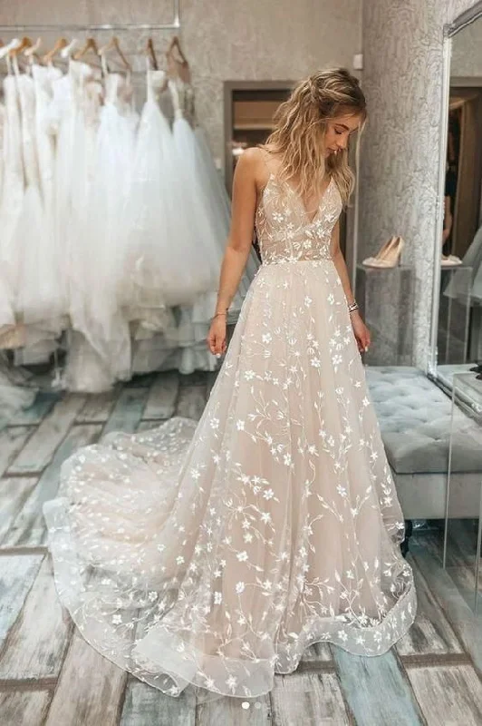 Champagne v neck tulle lace long prom dress champagne evening dress  C1630