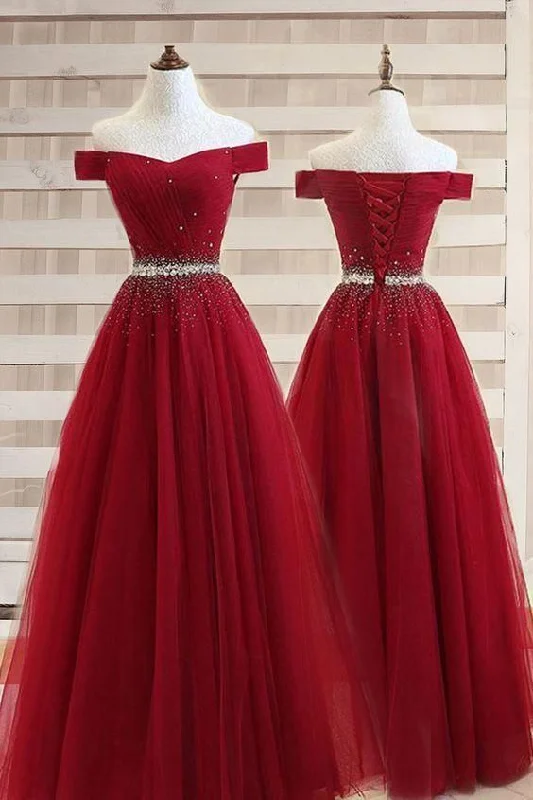 Burgundy A line Off the shoulder Sweetheart Prom Dresses, Beads Evening Dresses C1745 Burgundy A line Off the shoulder Sweetheart Prom Dresses, Beads Evening Dresses C1745