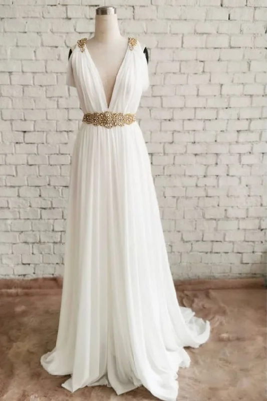 White Chiffon V Neck Sweep Train Gold Waistline Evening Dress, Prom Dress  cg8882