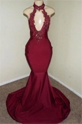 Burgundy Halter Appliques Backless Sexy Mermaid Prom Dresses  cg8808