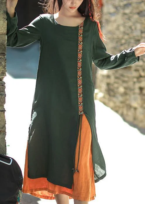 Natural asymmetric false two pieces linen quilting clothes Work blackish green embroidery Dress summer Natural asymmetric false two pieces linen quilting clothes Work blackish green embroidery Dress summer
