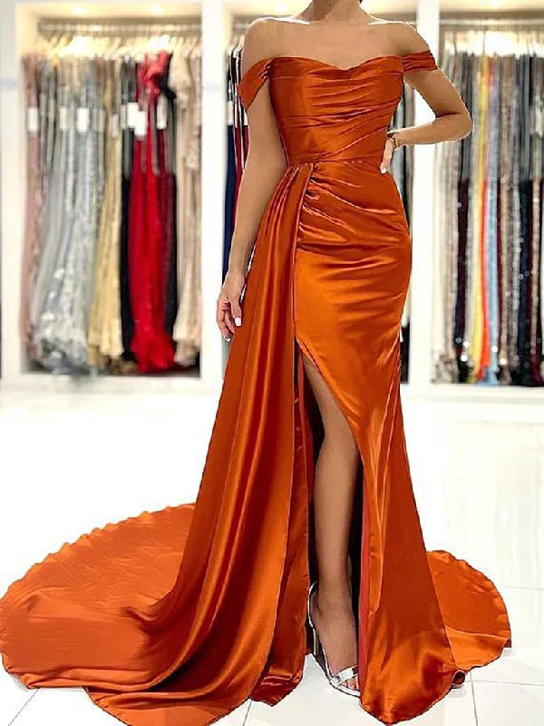 Off the Shoulder Orange Satin Prom Dresses, Orange Off Shoulder Satin Formal Evening Dresses C1926