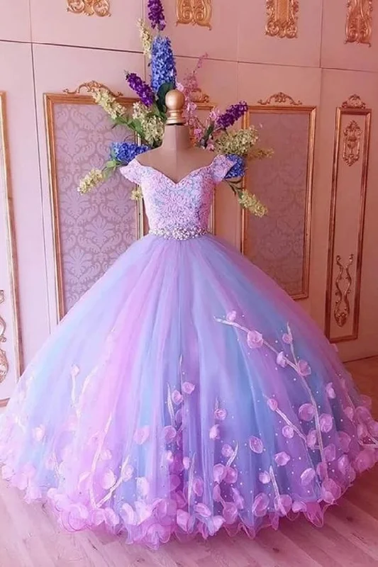 Attractive Tulle Off-the-shoulder Neckline Ball Gown Evening prom Dresses With Lace Appliques & Handmade Flowers & Rhinestones cg8718 Attractive Tulle Off-the-shoulder Neckline Ball Gown Evening prom Dresses With Lace Appliques & Handmade Flowers & Rhinestones cg8718