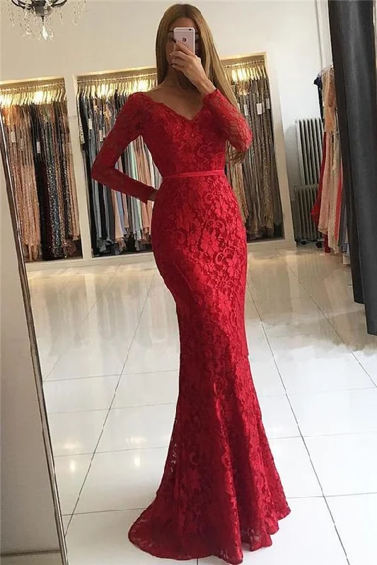 Chic Vneck Open Back Scarlet Lace Evening Dresses Elegant Long Sleeves Prom Dress C1949