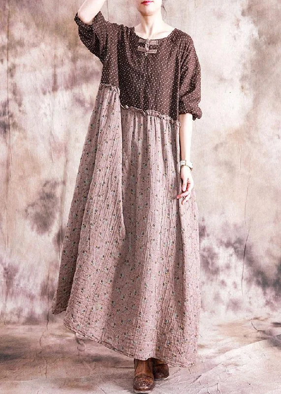 DIY o neck patchwork linen cotton clothes For Women Neckline brown print Dress fall