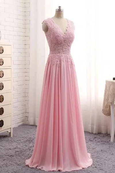 Elegant pink lace long A-line senior prom dress, pink evening dress  cg8870