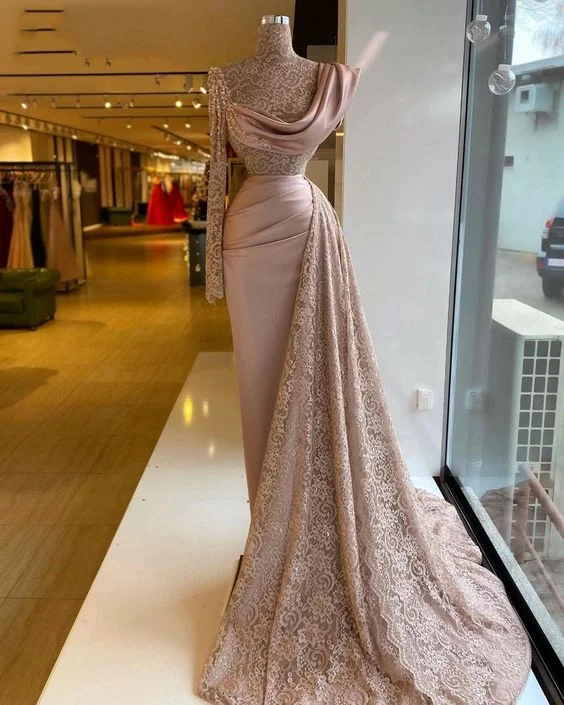 Elegent Pink Meimaid Lace Evening Dresses Gowns Long 2022 One Sleeve Sheer Lace Formal Evening Party Gown for Women Plus Size C1610 Elegent Pink Meimaid Lace Evening Dresses Gowns Long 2022 One Sleeve Sheer Lace Formal Evening Party Gown for Women Plus Size C1610