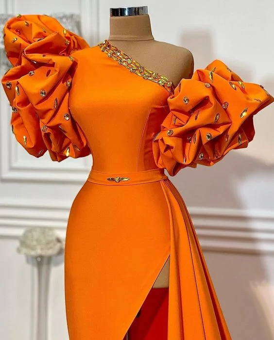 unique evening dresses long orange beaded mermaid elegant simple formal evening gown C1962