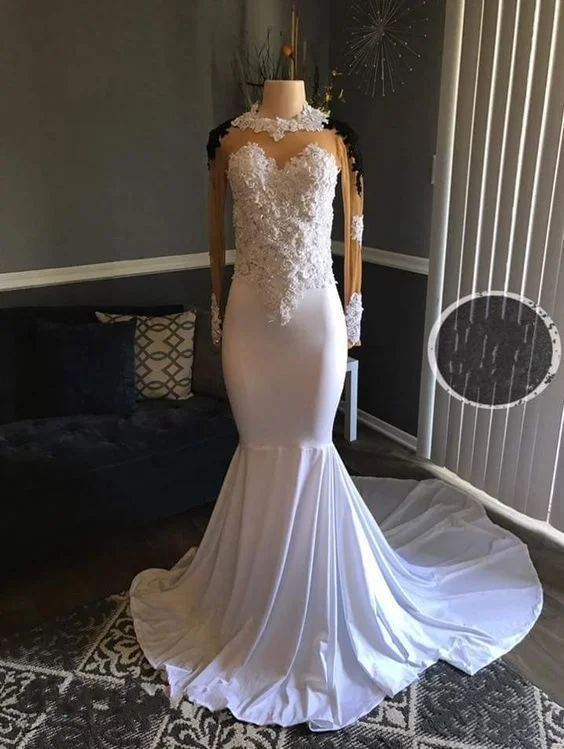 Prom Dresses Split, White Mermaid Long Sleeves  cg8954
