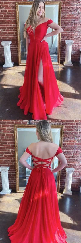 Simple red sweetheart chiffon long prom dress red evening dress  cg8772