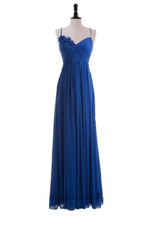 Royal Blue Floral Embellished Ruched Plunge V Spaghetti Straps Floor Length A-Line Formal Dress, Prom Dress  cg9010
