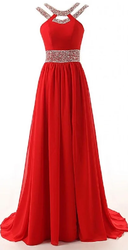 Long A-Line Red Split Beaded Chiffon Evening Winter Formal Prom Dress  cg8852