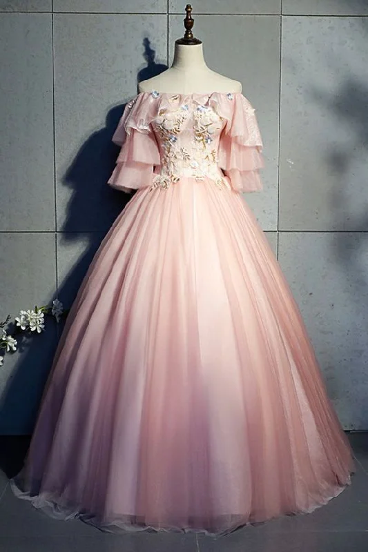 Pink Tulle Strapless Embroidery Long Pageant Prom Dress, Short Sleeve Quinceanera Dress  cg9043