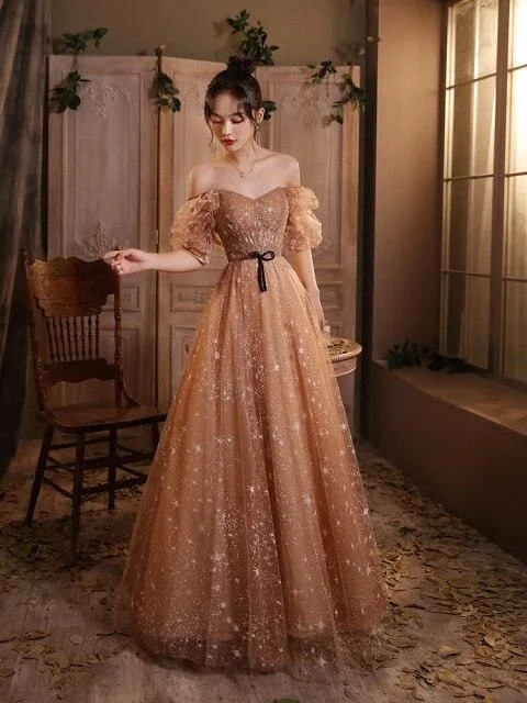 Elegant Champagne Evening Dresses Female Lanturn Sleeves Bow Lace Up Long French Style Ball Gowns C1945