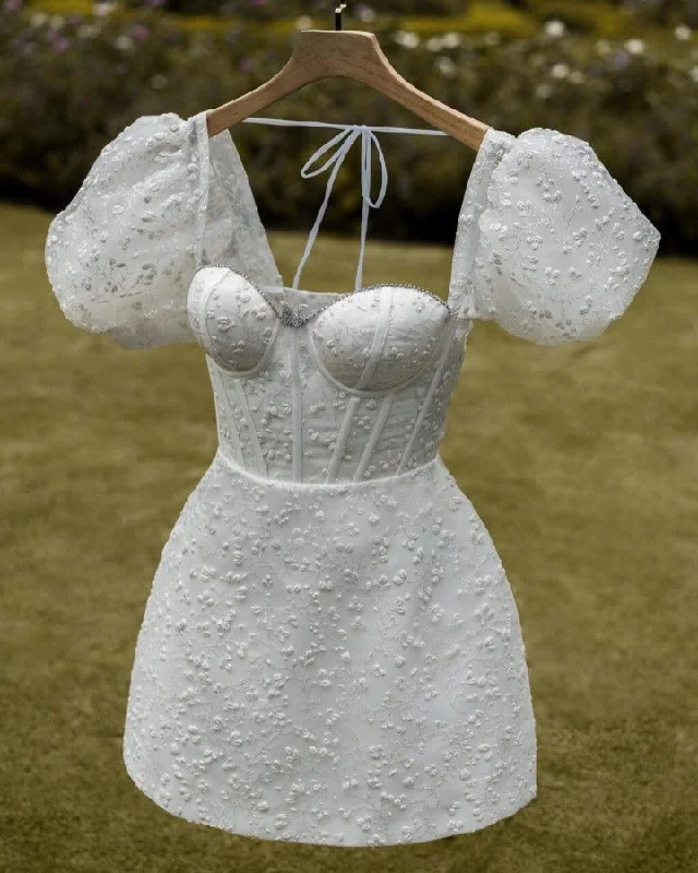Retro White Homecoming Dress with Puff Sleeves Y4067