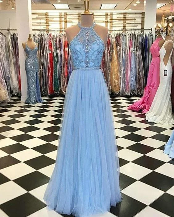 Delicate Light Sky Blue Prom Dresses with Halter Beaded Tulle Ruffles Long Prom Gowns cg8553 Delicate Light Sky Blue Prom Dresses with Halter Beaded Tulle Ruffles Long Prom Gowns cg8553