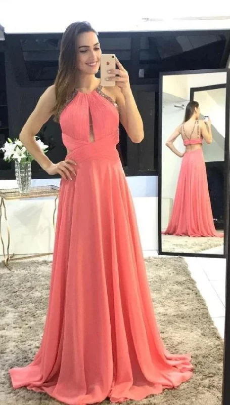 Charming Scoop A-Line Long Watermelon Chiffon Backless Sleeveless Prom Dresses  cg9027