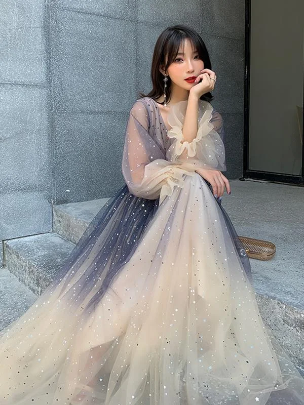 Long Sleeves Blue Ombre Beaded Prom Dresses, Long Sleeves Blue Ombre Formal Evening Dresses C1823