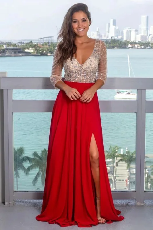 Sexy Slit Beaded Long Sleeve Deep V-back Evening Dress prom dress cg8960