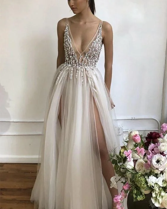Prom Dresses Long Tulle V-neck Evening Gowns Sequin Beaded  cg8602