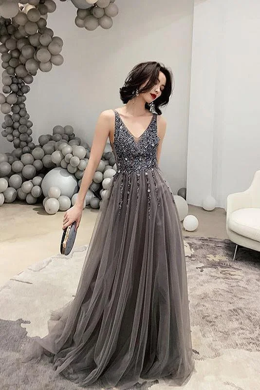 Dark Gray V Neck Sparkly Beading Prom Dress with Sequins, Long Tulle Prom Gown cg8552 Dark Gray V Neck Sparkly Beading Prom Dress with Sequins, Long Tulle Prom Gown cg8552
