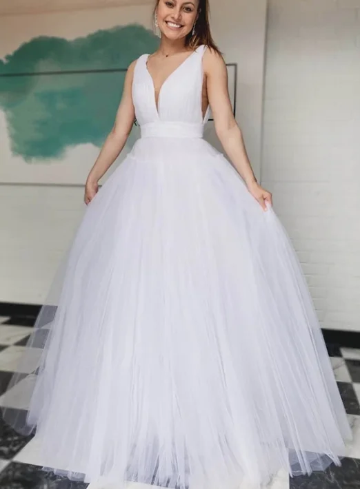 White v neck tulle long prom dress evening dress  cg8434