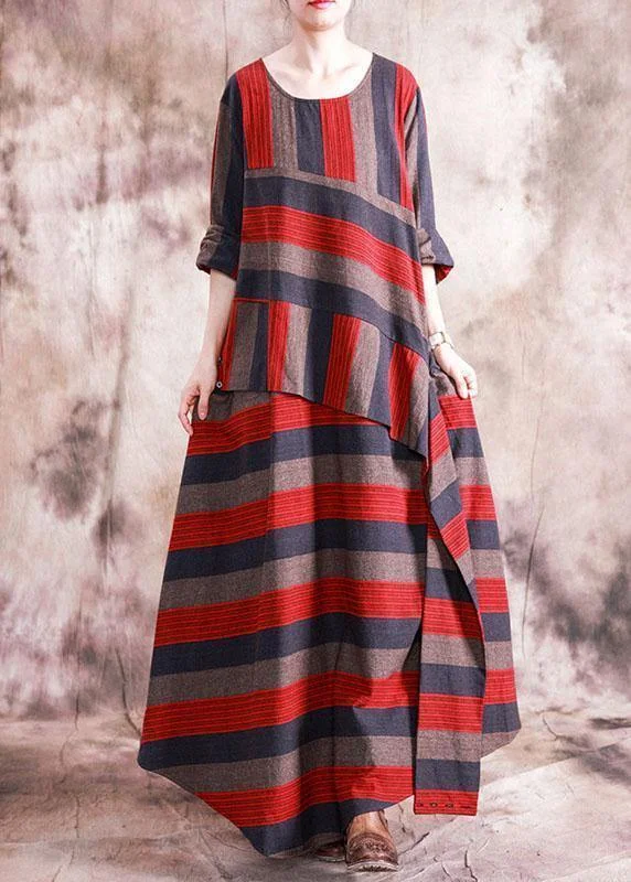 Art asymmetric linen dresses Catwalk red striped patchwork Dress fall