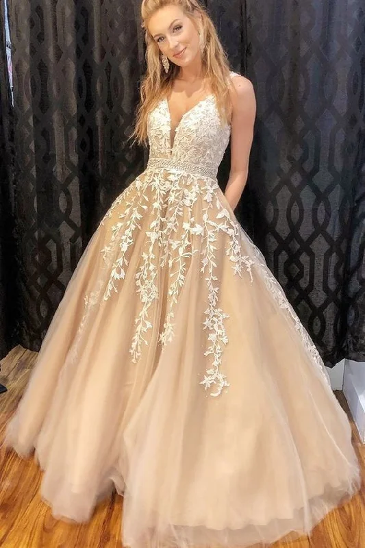 A-line nude and white lace long prom dress with straps  cg8708