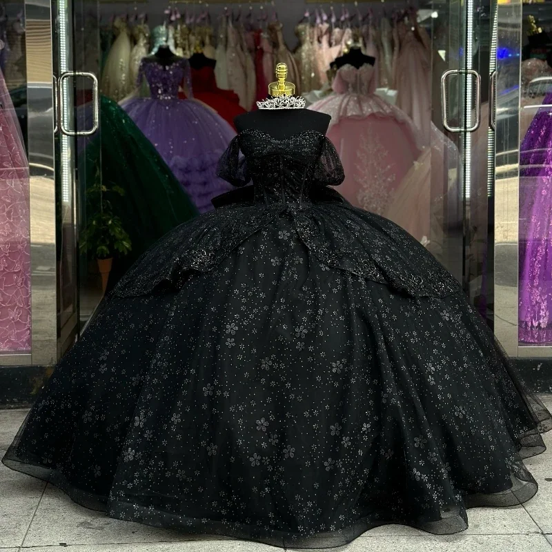 Luxury Black Shiny Quinceanera Dressess 2024 Off The Shoulder Ball Gowns Beads Bow Tull Sweet 16 Dress Vestidos De 15 Años Luxury Black Shiny Quinceanera Dressess 2024 Off The Shoulder Ball Gowns Beads Bow Tull Sweet 16 Dress Vestidos De 15 Años