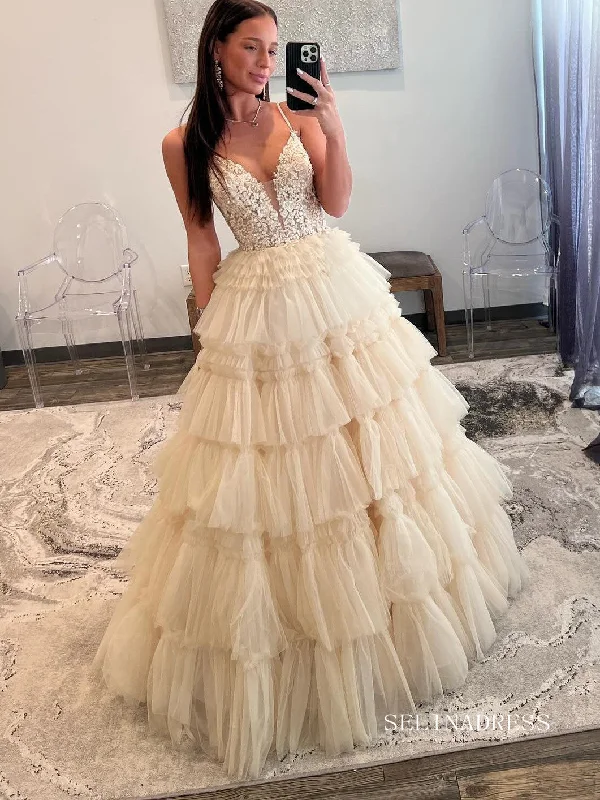A-line Spaghetti Straps Lace Tulle Multi-Tiered Long Prom Dresses lpk804