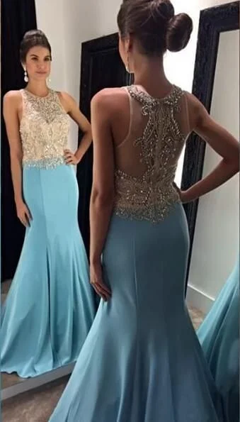 Blue Trumpet/Mermaid Satin Beaded Prom Dresses   cg8796
