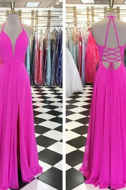Simple Style A Line Halter Neck Chiffon Prom Dresses Floor Length With Slit  cg8485