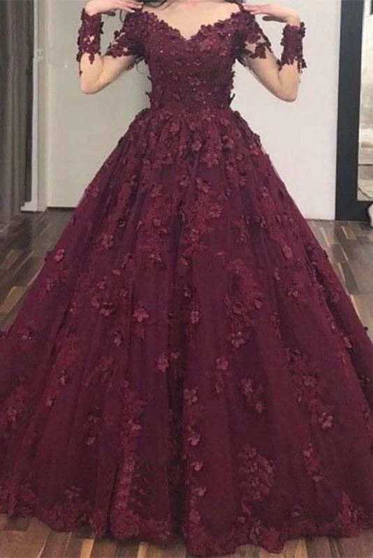 Burgundy v neck tulle lace long prom dress, burgundy lace evening dress  C1577