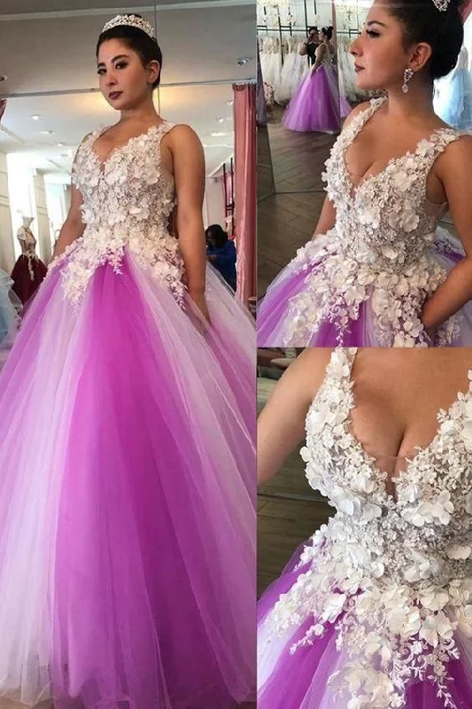 Fantastic Tulle V-neck Neckline Floor-length Ball Gown Prom Dresses With Lace Appliques & Beaded Handmade Flowers cg8595 Fantastic Tulle V-neck Neckline Floor-length Ball Gown Prom Dresses With Lace Appliques & Beaded Handmade Flowers cg8595