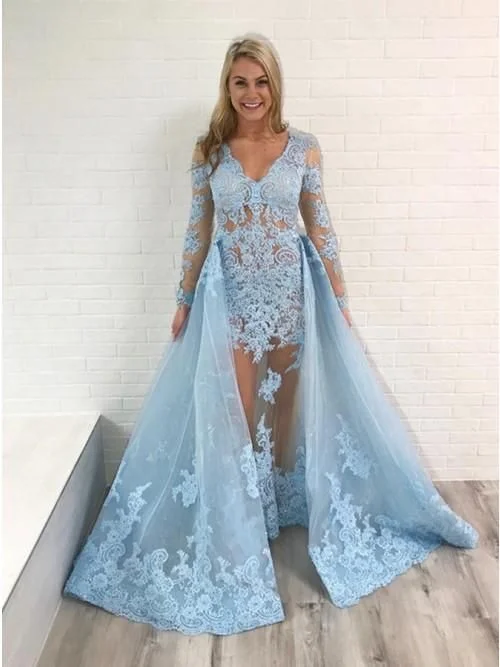 Mermaid V-Neck Long Sleeves Light Blue Organza Overskirt Prom Dress with Appliques cg8481 Mermaid V-Neck Long Sleeves Light Blue Organza Overskirt Prom Dress with Appliques cg8481