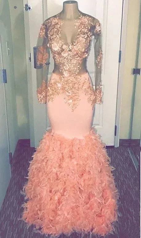 Coral Pink Mermaid Long Sleeve Long Prom Dresses Cheap | Sheer Tulle Appliques Ruffles Formal Dresses   cg8806