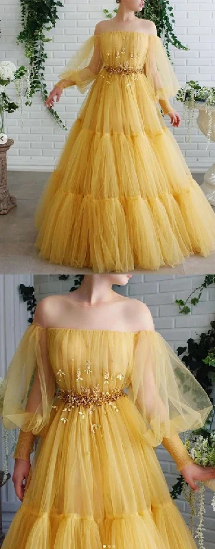 Yellow Tulle Off Shoulder Long A Line Formal Prom Dress With Sleeves  cg8889