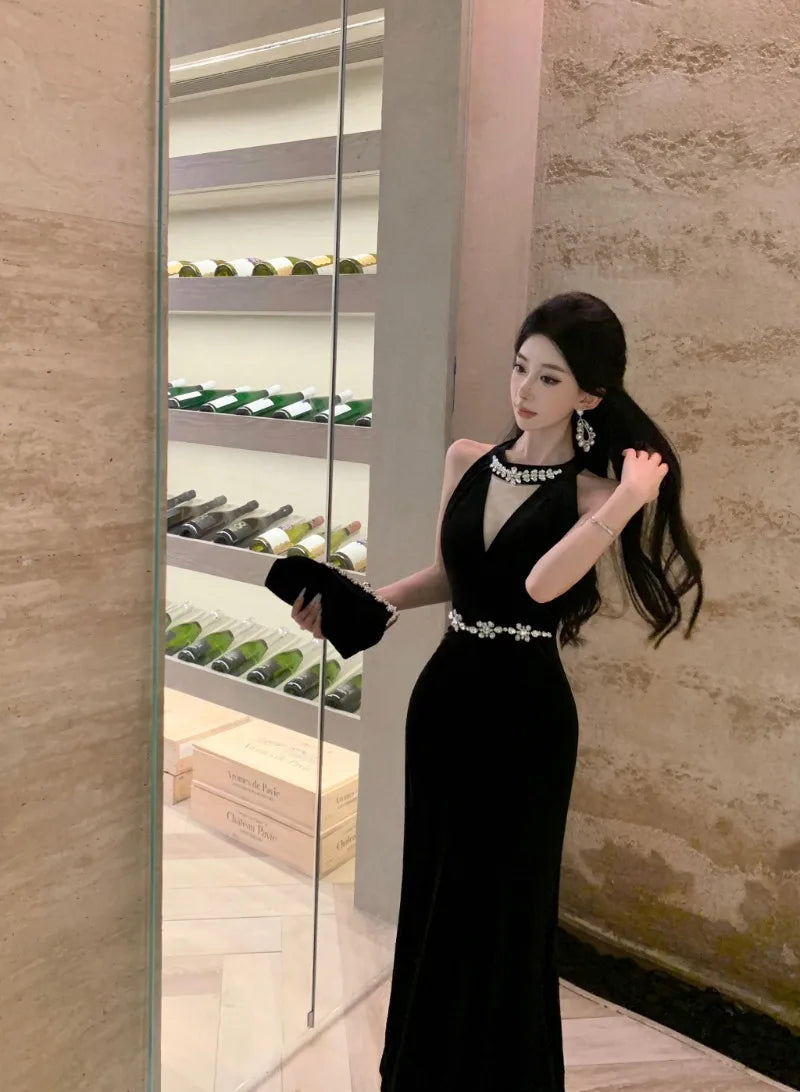 Vintage Luxurious Evening Wedding Party Black Long Dresses for Women Elegant Bodycon Mesh Patchwork Velvet Prom Female Clothing