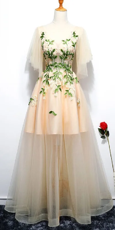 Champagne A Line Tulle V Neck Long Embroidery Lace Short Sleeves Evening prom Dress cg8709 Champagne A Line Tulle V Neck Long Embroidery Lace Short Sleeves Evening prom Dress cg8709