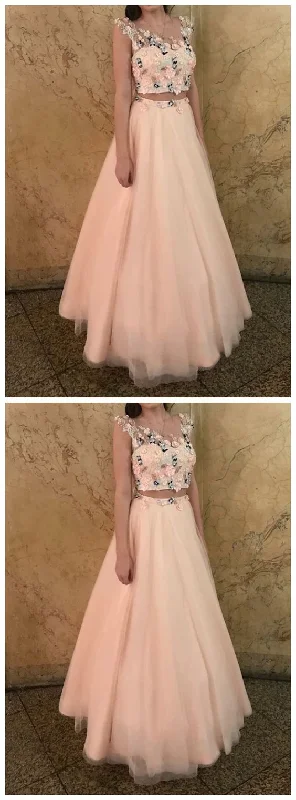Two Piece Round Neck Pink Tulle Prom Dress with Appliques  cg8994