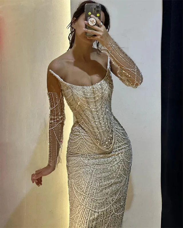 3 Pieces Suit Sequined Pearls Evening Dresses Luxury Mermaid Champagne Beaded Spaghetti Straps Formal Prom Party Gowns Vestidos 3 Pieces Suit Sequined Pearls Evening Dresses Luxury Mermaid Champagne Beaded Spaghetti Straps Formal Prom Party Gowns Vestidos