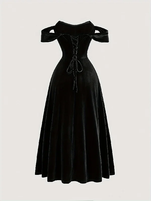Elegant Off-Shoulder Knit Dress, 95% Polyester 5% Spandex, Solid Color Long Length Fit and Flare Gown with Tie Back Details for All Seasons
