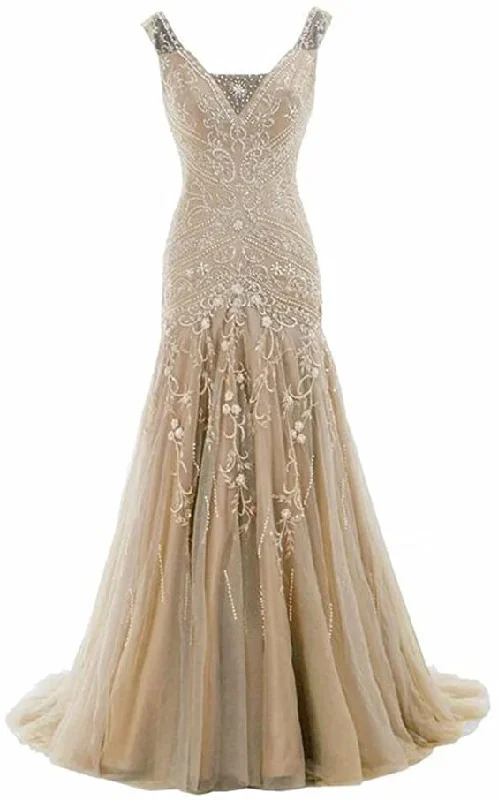 Mermaid V Neck Beaded Long Prom Dress Evening Gowns C1783