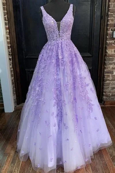 V Neck Purple Lace Long Prom Dress, Long Purple Lace Formal Dress, Lilac Lace Evening Dress C1873